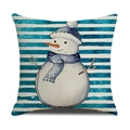 Blue striped Christmas pillowcase featuring a cute cartoon snowman on linen fabric - Blue White Stripe Snowman Style (YMX61-5)