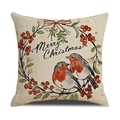 Linen Christmas pillow cover with festive bird wreath and Merry Christmas print - Merry Christmas Wreath Robins (YMX52-4)