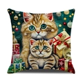 Vierkante linnen kussenhoes met schattige kerstkatten en feestelijke decoratie - 45x45cm / Kat En Cadeaubox Stijl (YMC19-1)