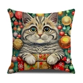Linnen kussensloop met cyperkat die een gouden geschenkdoos en ornamenten vasthoudt - 45x45cm / Cyperse Kat En Gouden Cadeau Stijl (YMC19-2)