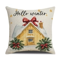 Square beige cushion cover with 'Hello winter' text and hand-painted Christmas house design - Pillowcase Only / Hello Winter Snowy Cottage (YMX77-1)