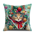 Linnen kussenhoes met schattige kerstkat print en feestelijke rode strik voor decor - 45x45cm / Kat Met Strik Stijl (YMC19-4)