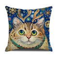 Fodera per cuscino gatto blu navy con corna di cervo e trama in lino traspirante - 45x45cm / Stile Gatto Con Corna E Sfondo Blu Navy (YMC19-5)