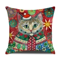 Federa in lino con un simpatico gatto artistico di Natale su sfondo rosso acceso - 45x45cm / Stile Gatto Antropomorfo Arte Rossa (YMC19-6)