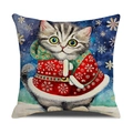 Federa natalizia con gatto grigio in abito rosso fiocco di neve su tessuto lino - 45x45cm / Stile Gattino Striato Con Cappello Di Babbo Natale (YMC19-7)