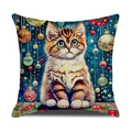 Federa in lino con stampa di gatto carino e sfondo blu artistico moderno - 45x45cm / Stile Gattino Arancio E Bianco Sfondo Artistico (YMC19-8)