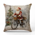 Federa natalizia con Babbo Natale vintage in bicicletta su tessuto effetto lino - Stile Babbo Natale in Bicicletta (YMX43-1)