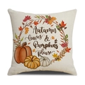 Linen autumn pillow cover with pumpkin and maple leaf patterns and festive text print - Pumpkin Leaves Slogan Style (YMF55-1) / 45x45cm(Case Only)