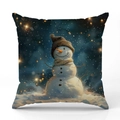 Linen Christmas pillow case featuring a snowman with brown hat on a dark blue starry night - Snowman with Hat Illustration Style (YMX41-5) / 45x45cm (Pillow Case Only)