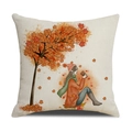 Linen autumn throw pillow cover featuring a girl under a maple tree for sofa decor - Autumn Girl Coffee Style (YMF55-4) / 45x45cm(Case Only)