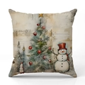 Linen Christmas pillow cover with vintage snowman and decorated tree print on white background - Christmas Tree And Snowman Style (YMX43-2) / 45x45cm (Pillow Case Only)