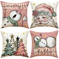Lot de 4 housses de coussin de Noël avec motifs de Père Noël rose et bonhomme de neige - Série Festive Tons Rose Chaud (TQR70-35) / 45x45cm (lot de 4)