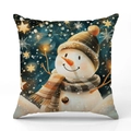 Linen Christmas pillow case with a smiling snowman illustration and starry blue background - Brown Hat Snowman Style (YMX41-10) / 45x45cm (Pillow Case Only)