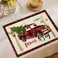 Dettaglio delle tovagliette natalizie in lino con camion rosso e alberi festivi - Cdx3-7 / 30*45cm