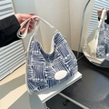 Blue and white geometric tote bag with large capacity and white leather straps - Blue