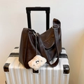Dark brown large capacity tote bag in vintage soft leather with a plush charm on suitcase - With Pendant / Brown