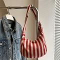 Elegante borsa hobo in tela a righe verticali rosse e bianche con tracolla regolabile - Rosso