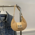 Bolso medialuna beige en tejido plisado con lazo plateado y correa de hombro delgada - Caqui