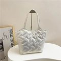 Minimalist silver quilted down tote bag with metallic finish and large capacity - White