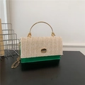 Grüne Leder- und beige geflochtene Umhängetasche mit runden Goldmetallgriffen - Grün