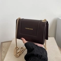 Deep coffee leather crossbody square bag with golden chain strap and fashion logo - Brown