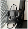 Minimalist black PU leather backpack with vintage flap design and metal buckle straps - Black