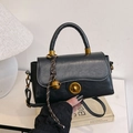 Classic black square handbag with retro leather texture, chain strap, and bronze lock - With Pendant / Black