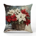 Square linen Christmas pillowcase with red poinsettia floral basket print design - Christmas Poinsettia Basket Style (YMX41-15) / 45x45cm (Pillow Case Only)