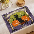 Halloween-Tischset aus Leinen mit schwarzer Katze, Kürbis und Stay Creepy Text - Schwarze Katze Kürbis Stil (YMCD-2)