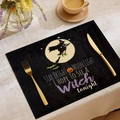 Halloween Tischset aus Leinen mit Hexe und Kürbis Motiv für festliche Deko - Mondhexe Vers Stil (YMCD-12)