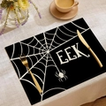 Halloween EEK Platzset aus Leinen mit weißem Spinnennetz auf schwarzem Grund - EEK Spinnennetz Stil (YMCD-14)