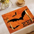 Halloween-Tischset aus Leinen in Orange mit schwarzen Fledermäusen und EEK!-Druck - EEK Orange Fledermaus Stil (YMCD-28)
