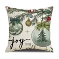 Linen Christmas pillow case with Joy to the World print and festive tree ornaments - Christmas Ornament Pine Branch Joy to the World Style (YMX013-8)