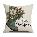 Funda de cojín navideña de lino con bota verde y texto de Merry Christmas - Estilo Calcetín de Navidad y Flores (YMX90-1) / 45*45cm (Solo funda de almohada)
