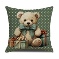 Funda de cojín de lino con diseño de oso de peluche sobre fondo verde con lunares - Estilo Oso de Peluche y Cajas de Regalo (YMX90-2) / 45*45cm (Solo funda de almohada)