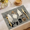 Halloween-Tischset aus Leinen mit drei Gespenstern und Hey Boo Text auf Spinnennetzgrafik - Hey Boo Personifiziertes Gespenst Stil (YMCD-46)