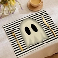 Halloween-Tischset mit süßem Cartoon-Geist auf klassischen schwarz-weißen Streifen - Schwarz Weiß Gestreiftes Großaugen-Gespenst Stil (YMCD-50)