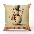 Weihnachts Kissenbezug aus Leinen mit Schneemann Motiv und Merry Christmas Text - Schneemann Mit Kariertem Schal Stil (YMX40-2)