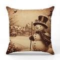 Quadratischer Leinenkissenbezug mit Schneemann-Motiv in einer retro verschneiten Stadt - Winterstraße Schneemann Stil (YMX40-3)