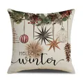 Fodera per cuscino natalizio in lino beige con scritta Hello Winter e motivi - Stile Fiocco di Neve e Pigna Invernale (YMX010-4) / 45x45cm(Solo Fodera)