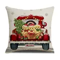 Federa natalizia in lino con camion rosso e cuccioli di labrador con cappelli da Babbo - Stile Camion Rosso Vintage (YMX022-4)