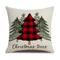 Weihnachtskissenhülle mit rot-schwarz kariertem Baum und Aquarell-Print auf Leinenstoff - Weihnachtsbaum Druckstil (YMX026-1)