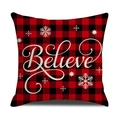 Weihnachts-Kissenbezug mit rot-schwarzem Karomuster, Believe-Schriftzug und Schneeflocken - Believe Schneeflocke Karostil (YMX026-3)