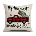 Weihnachtskissenbezug mit rotem Karo-LKW und Baum auf naturfarbenem Leinenstoff - Vintage LKW Weihnachtsbaum Stil (YMX026-4)
