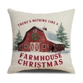 Quadratisches Leinenkissen im Farmhaus-Stil mit roter Scheune und Weihnachtsaufdruck - Rote Scheune Stil (FARMHOUSE CHRISTMAS)