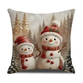Christmas pillowcase featuring cute snowmen and winter forest print on linen fabric - Snowman Family in Red Hats (YMA31-1) / 45x45cm(Case Only)