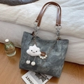 Gray washed canvas tote bag with brown leather straps and plush cloud charm accessory - With Pendant / Blue