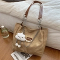Khaki canvas tote bag with brown leather handles, pearl chain, and plush cloud charm - With Pendant / Off White