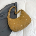 Senfgelbe gesteppte Hobo-Tasche mit weißer Schleifenstickerei und dickem Schultergurt - Khaki