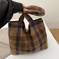 Bolso tote de cuadros retro en lana marrón y naranja para la temporada de otoño - Marrón